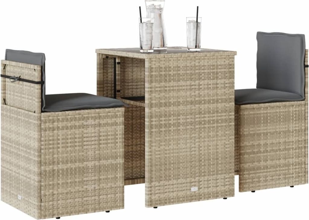 "Rabatt" 3-tlg. Bistro-Set - mit tishe & Stuhl - mit Kissen Hellgrau Poly Rattan - Lounge-Dining set CC17499