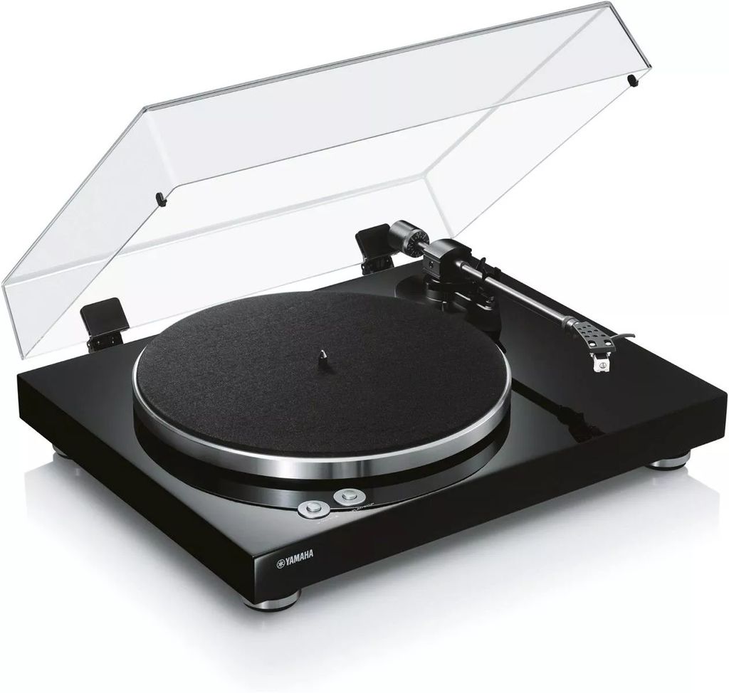 A black turntable with its dust cover open, shown from a diagonal angle against a white background.