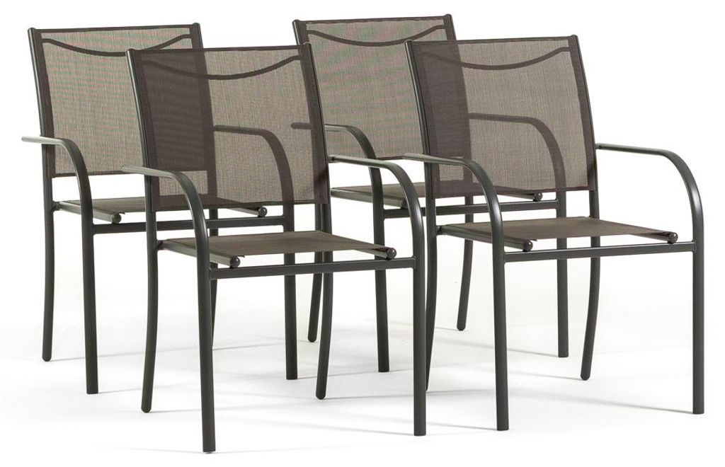 4er Set stapelbare Gartenstühle mit Armlehnen aus Stahl und 2x1 Textilene für Terrasse, Balkon, Veranda, Bar und Restaurant, platzsparend und wet...