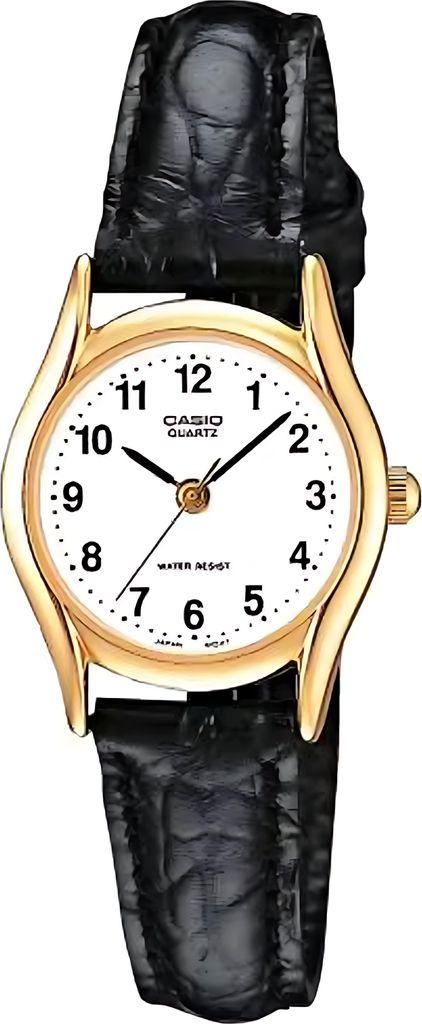 A close-up studio shot of a women's Casio watch with a white face and a black leather band.