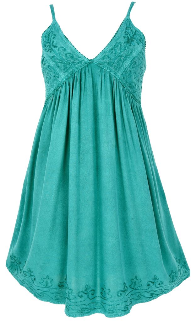 Besticktes Boho Sommerkleid, Midikleid, Indisches Knielanges Hippie Kleid - Türkisgrün, Damen, Viskose, Kleider