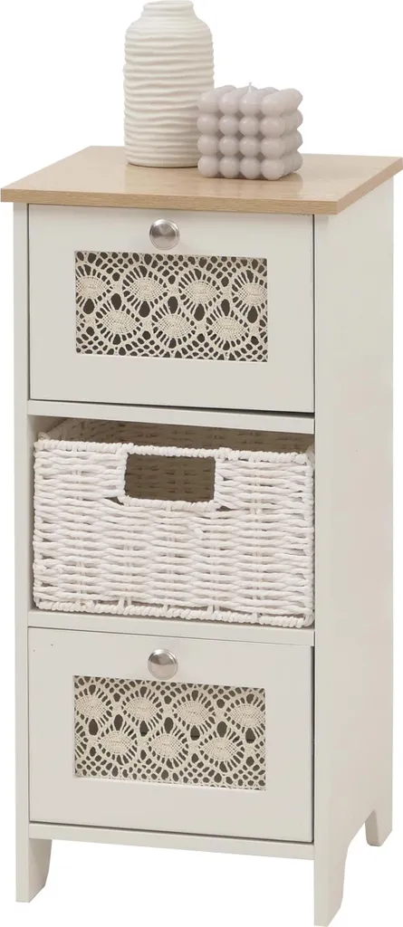 Petite commode salle de bain ou chambre bois blanc et paniers osier