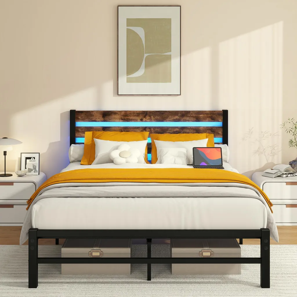 Lit double 140x200 avec sommier acier, tête de lit USB et LED design