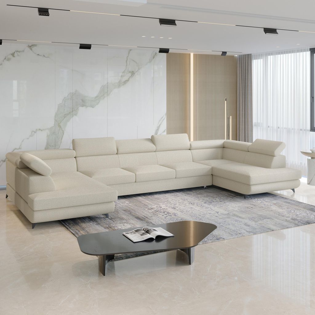 Masseno Ecksofa URMANO mit Schlaffunktion U-Form, Sofa mit Bettkasten, Wohnzimmersofa, Couch, Soffa, Bettsofa, Couchgarnitur- Creme, QUELLE 02
