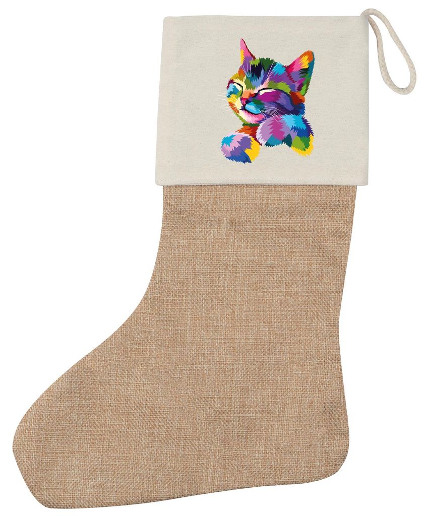 Huuraa Weihnachtsstrumpf Katze Colorful Beige Jute Kaminstrumpf Geschenkidee