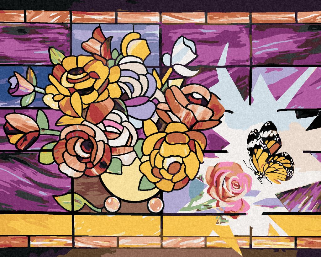 Zuty - Malen nach Zahlen - MOSAIK AUS EINER BLUME IN EINER VASE UND SCHMETTERLING (D. RUSTY RUST), 40x50 cm, mit Keilrahmen (bereits gespannt)