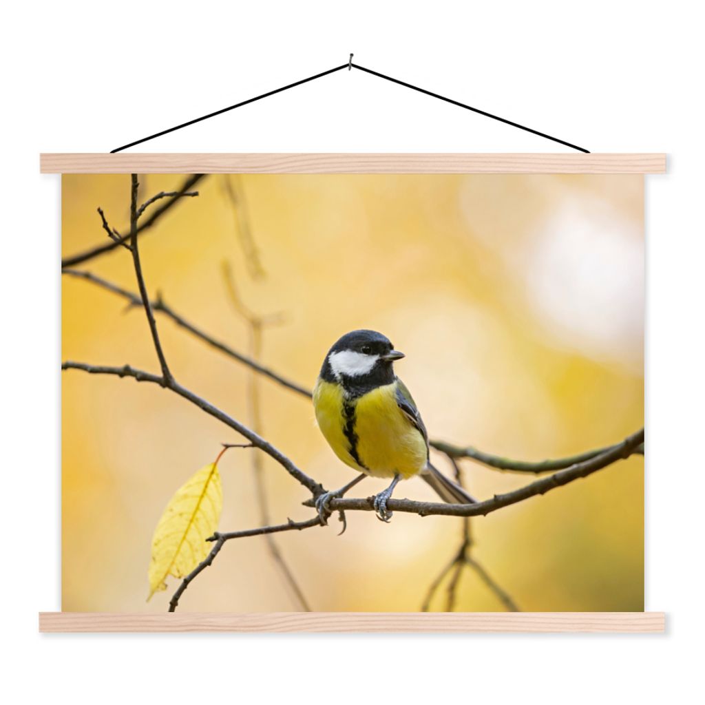 MuchoWow Textilposter Kohlmeise - Zweig - Vogel - Tiere 120x90 cm mit holzfarbenen Rahmen - Magnetisch