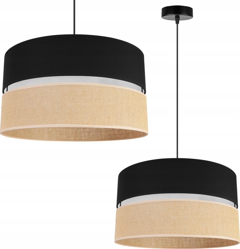 Light-Home Juta Hängelampe - Metall mit Lampenschirm aus Stoff - E27 - Klassisch 1-Flammig 40 cm - Schwarz Basis und Jute und Schwarz