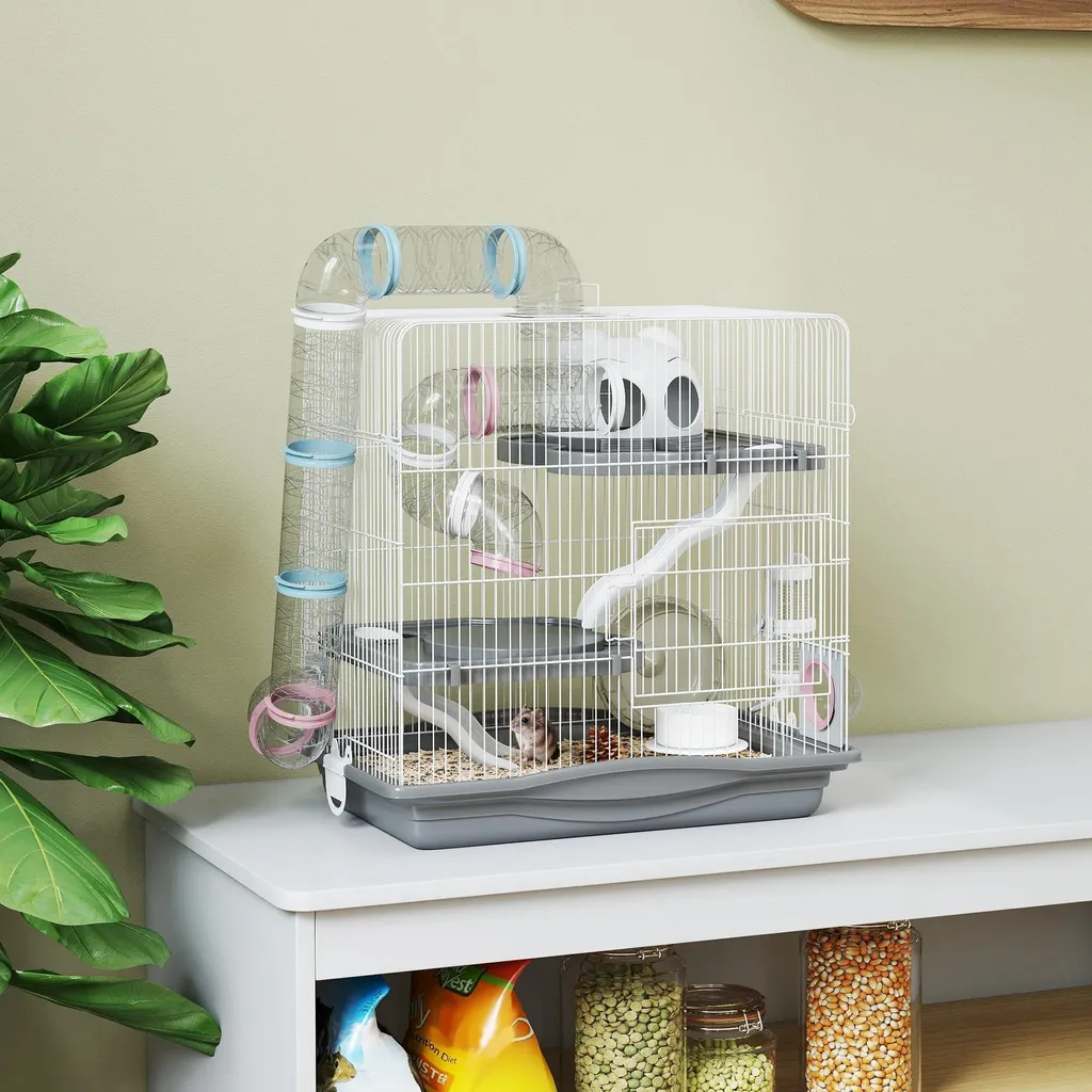Cage pour hamster 45x30x45 cm avec tunnel et roue - Modèle Gris Anthracite - 2