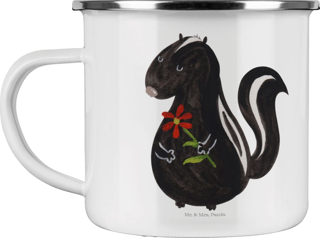 Mr. & Mrs. Panda Kaffeepott Stinktier Blume - Weiß - Geschenk, becher emaille, Dreams, Skunk, Emailletasse, Pott, Teetasse, Tasse, Haferl, Träume...