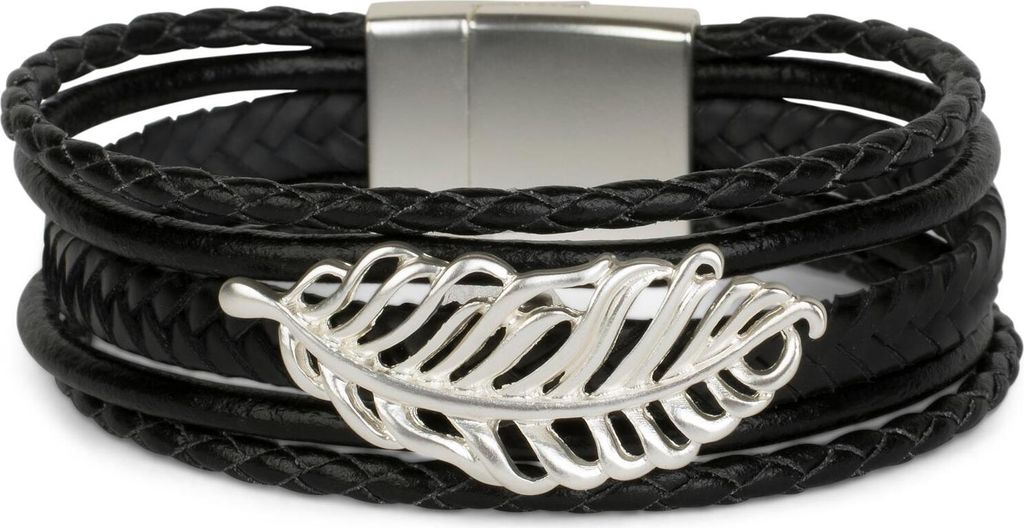 styleBREAKER Armband mit Feder Schmuck Element, Flechtoptik, geflochten, Magnetverschluss, Wickelarmband, Damen 05040106