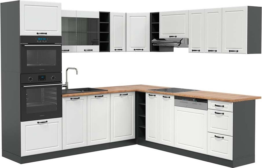 Eckküche Vicco R-Line Weiß Landhaus 247 x 60 cm , AP Eiche, Model 43268