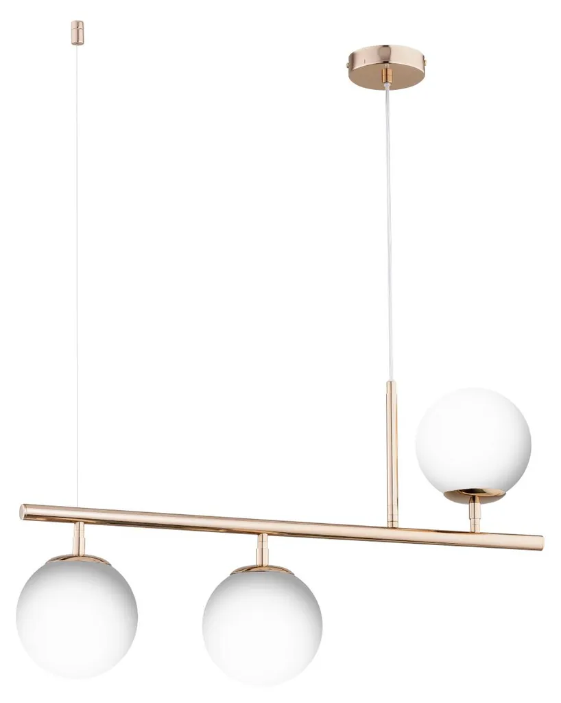 Lustre suspension moderne à 3 globes blancs et détails cuivre 88cm