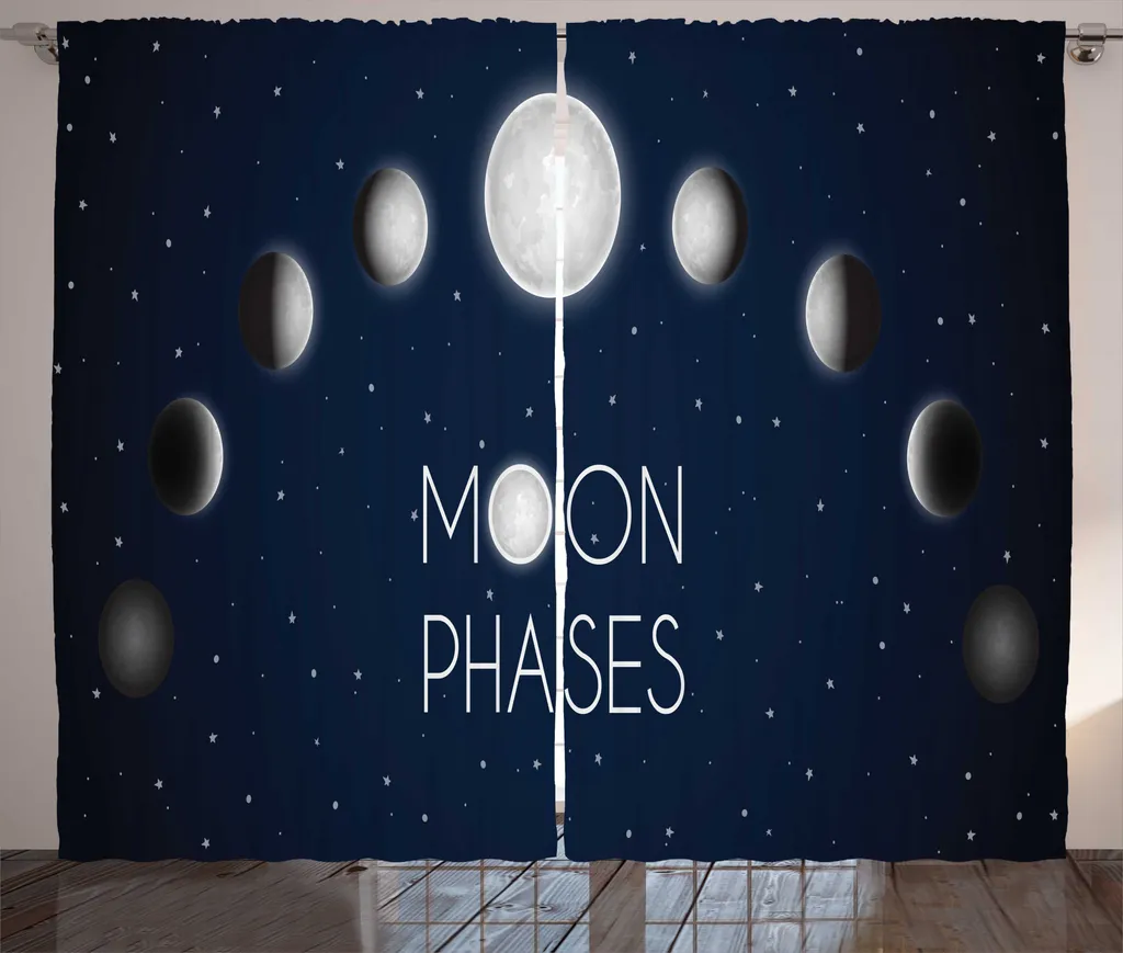 Rideaux de salon Moon Phase bleu nuit et gris avec crochets 280x225cm