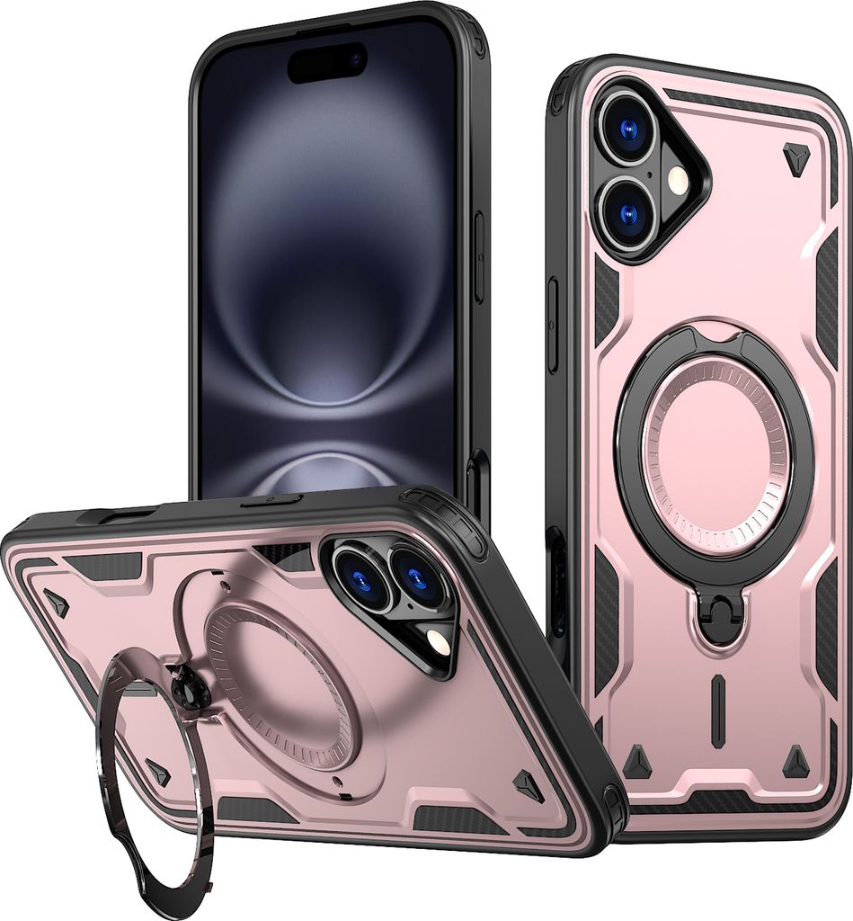 Dual Layer Hülle für iPhone 16 Plus Metall Ring Ständer Magnetisch Stoßfest Militär Handyhülle Roségold