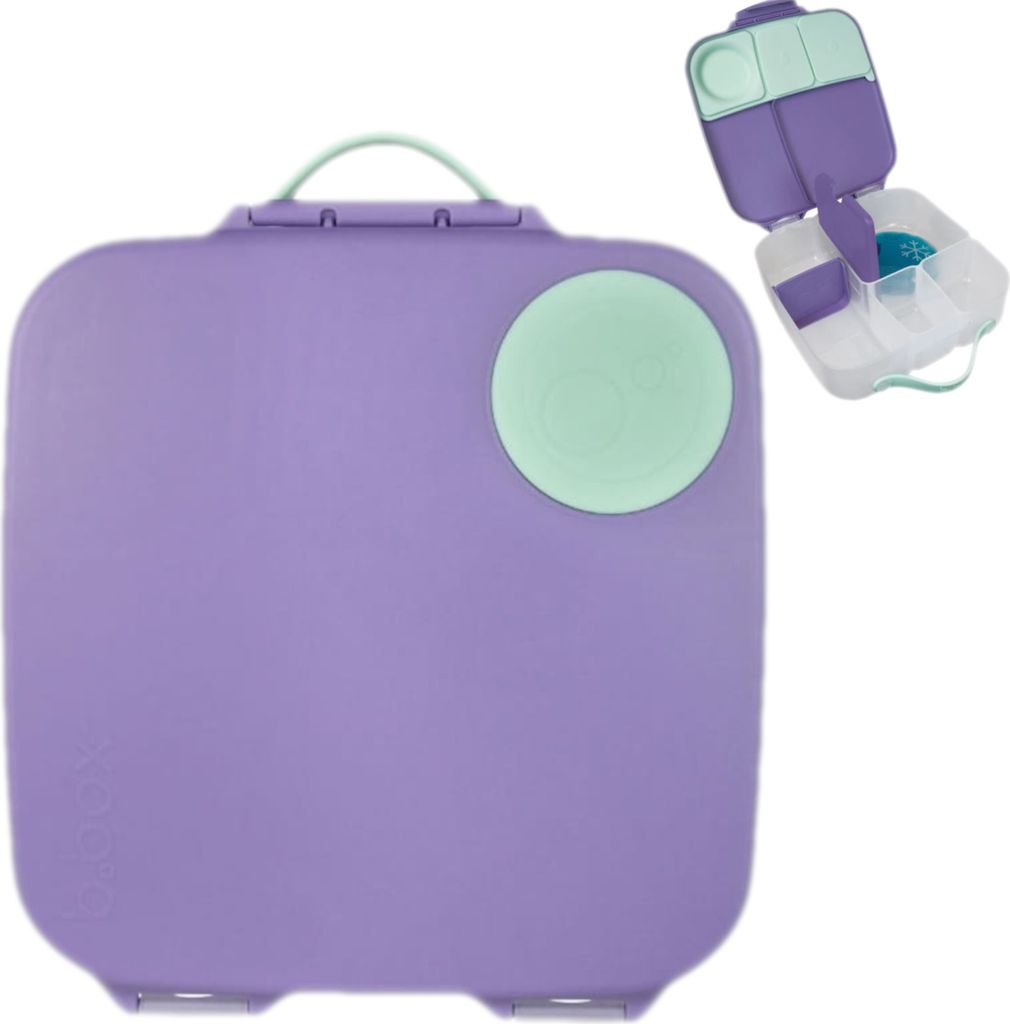 A closed purple lunchbox with a mint green circular accent on the front, and an open lunchbox with multiple compartments and a mint green lid shown in the upper right corner.