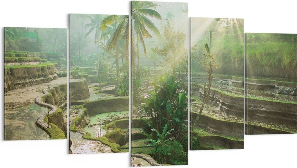 Bild auf Leinwand - Leinwandbild - 5 Teile - Terrassen Reis Palmen - 160x85cm - Wand Bild - Wanddeko - Wandbilder - Leinwanddruck - Bilder - Wandde...