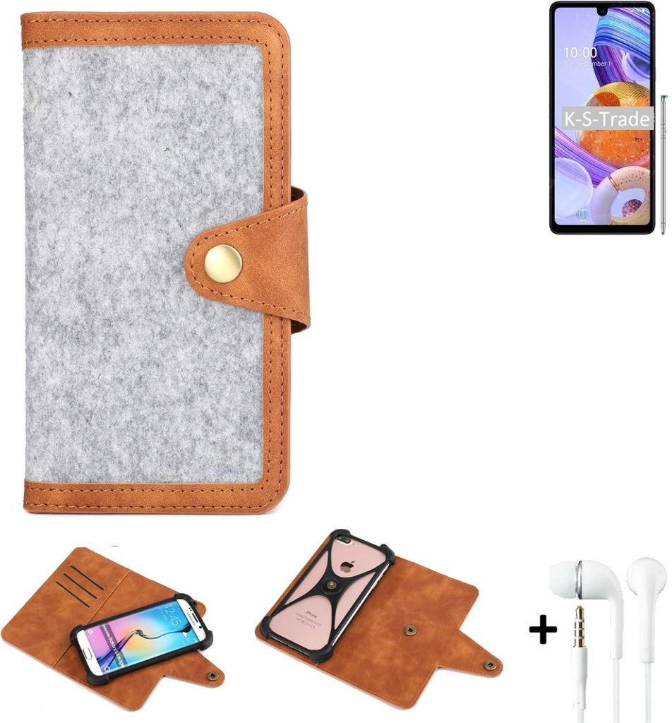 K-S-Trade Handyhülle + Kopfhörer kompatibel mit LG Electronics K71 Schutzhülle Filz Hülle Kunstleder hellgrau braun (1x)