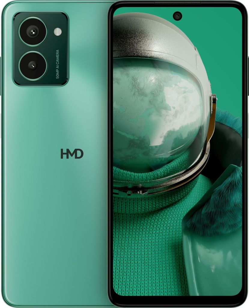 A green HMD Pulse Pro smartphone is shown from the back and front.