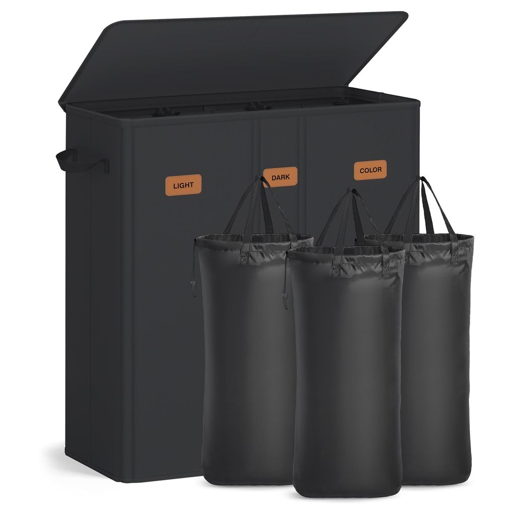 A black laundry hamper with three compartments, each labeled 'LIGHT', 'DARK', and 'COLOR'. Three black laundry bags are shown in front of the hamper.