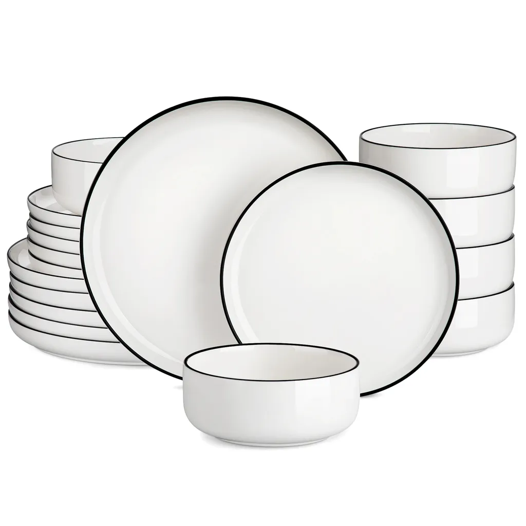 Set di stoviglie in ceramica, design solido, 18 pezzi, bordi neri