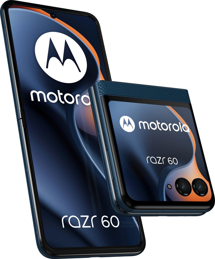 A Motorola Razr 60 5G smartphone is shown in both its open and folded states.