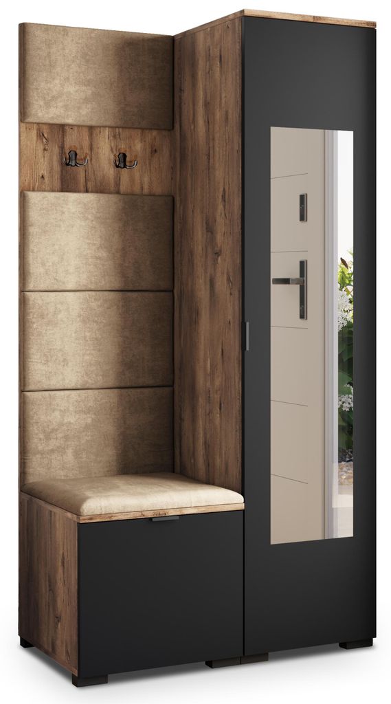 Masseno Garderobe-Set VIRA 95/181/51 cm Modern Garderobenschrank Eiche Lefkas, Veloursstoff MONOLITH 09 (Beige)