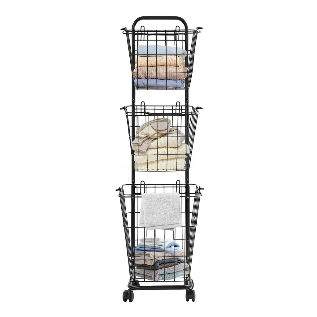 Panier à linge à roulettes 3 niveaux - Chariot de tri gris anthracite