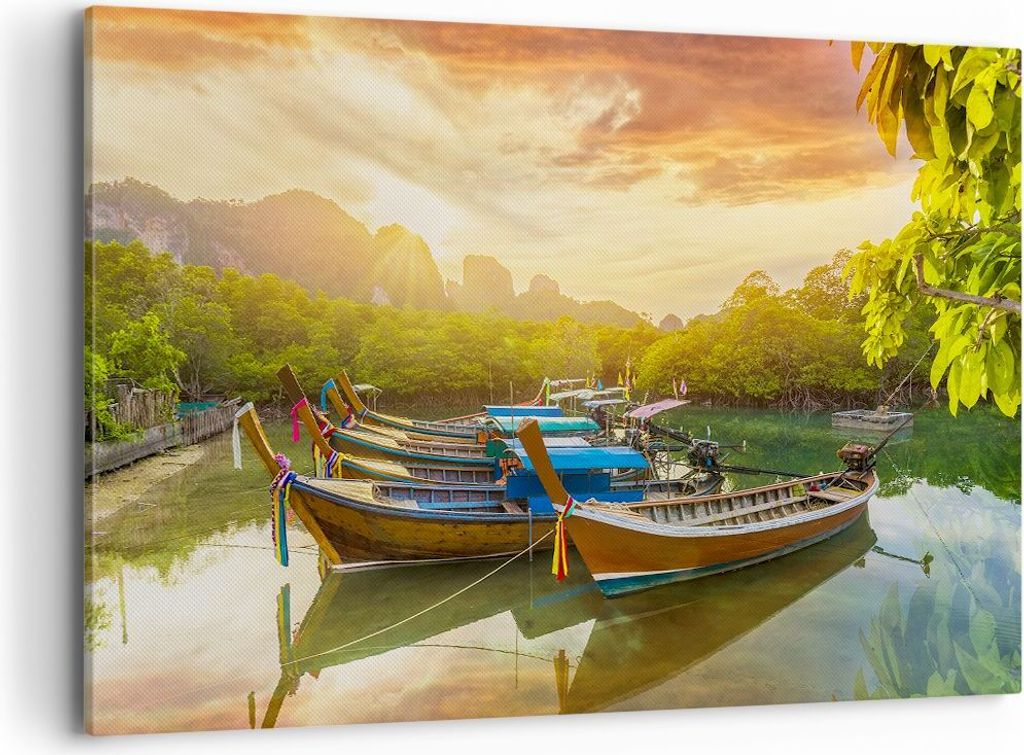 Bild auf Leinwand - Leinwandbild - Berge Boot Wasser - 120x80cm - Wand Bild - Wanddeko - Wandbilder - Leinwanddruck - Bilder - Kunstdruck - Wanddek...