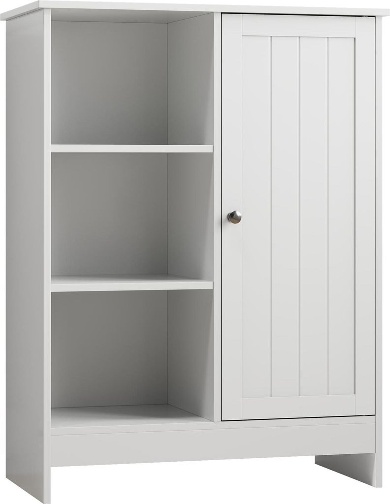 Badezimmerschrank, freistehendes Lagerregal für die Küche, Bodenlagerschrank mit 1 Schrank, 3 offenen Fächern, verstellbaren Regalen, weiß