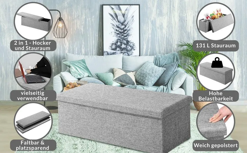 Banc de rangement pliable gris 115 cm en MDF et revêtement PU élégant