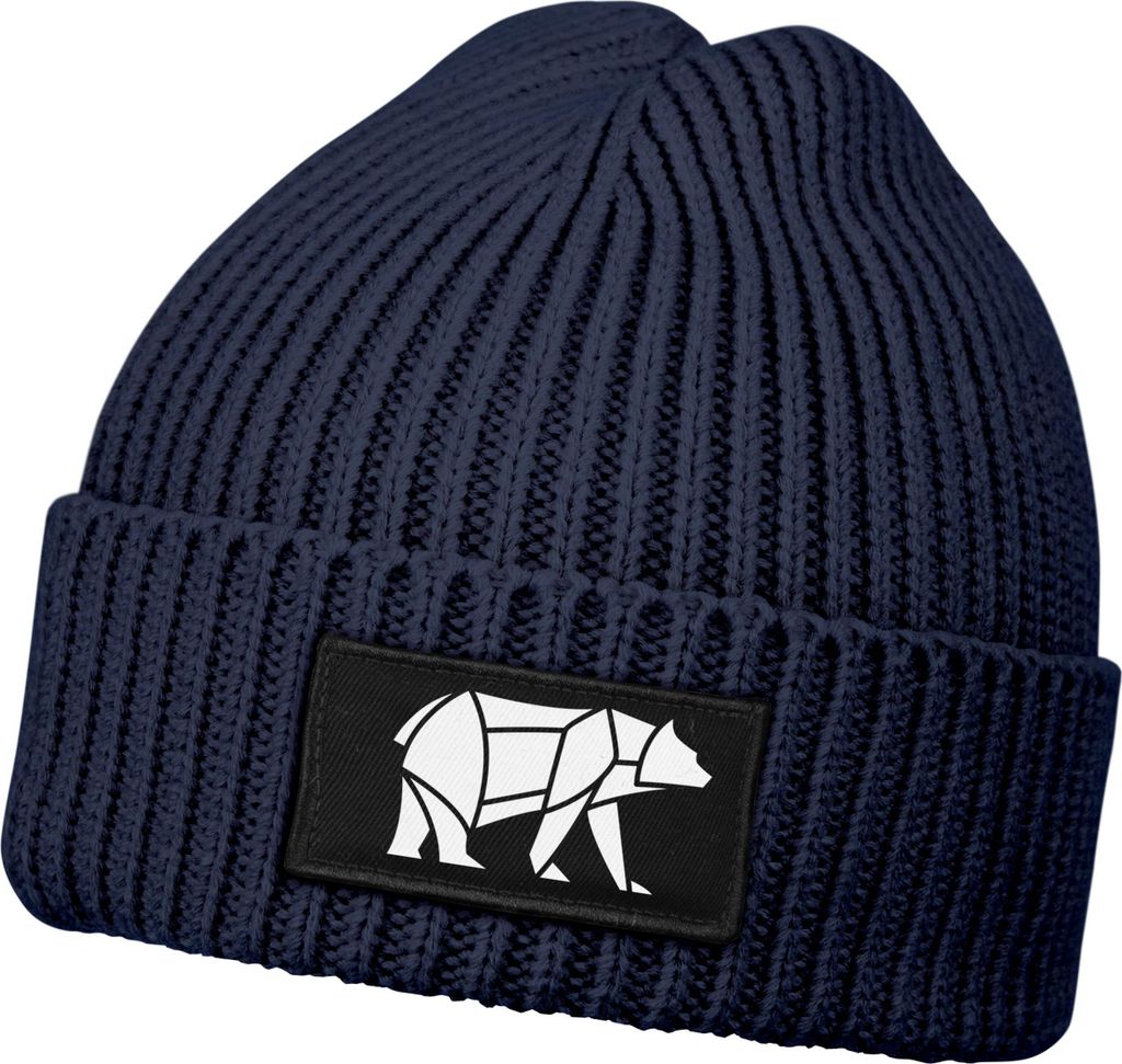 Herren Beanie Wintermütze mit Patch Bär Lineart Polygon Natur Aufdruck Print Strickmütze Rippstrick Outdoor Fashion Neverless
