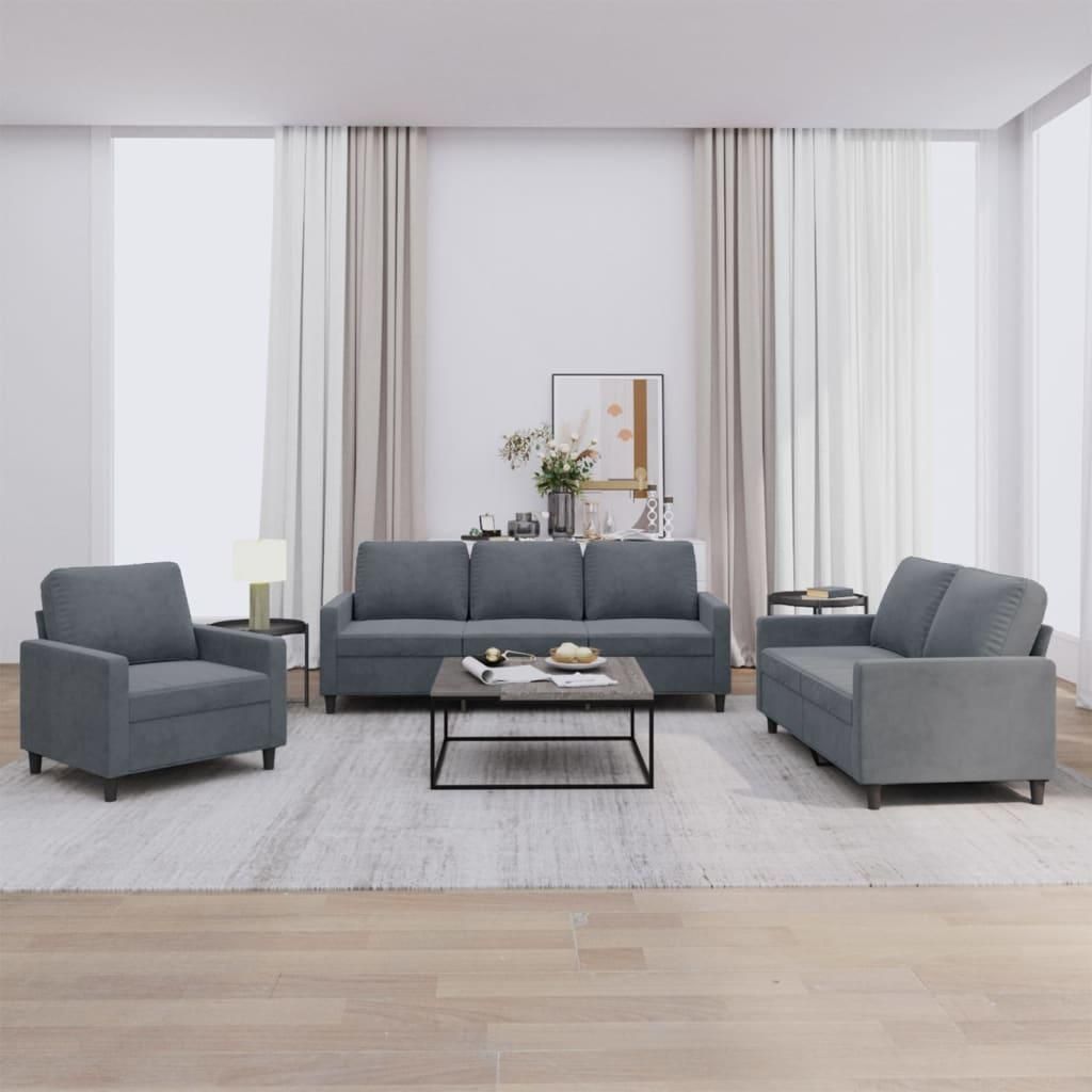 vidaXL 3-tlg. Sofagarnitur mit Kissen Dunkelgrau Samt Produktbild 