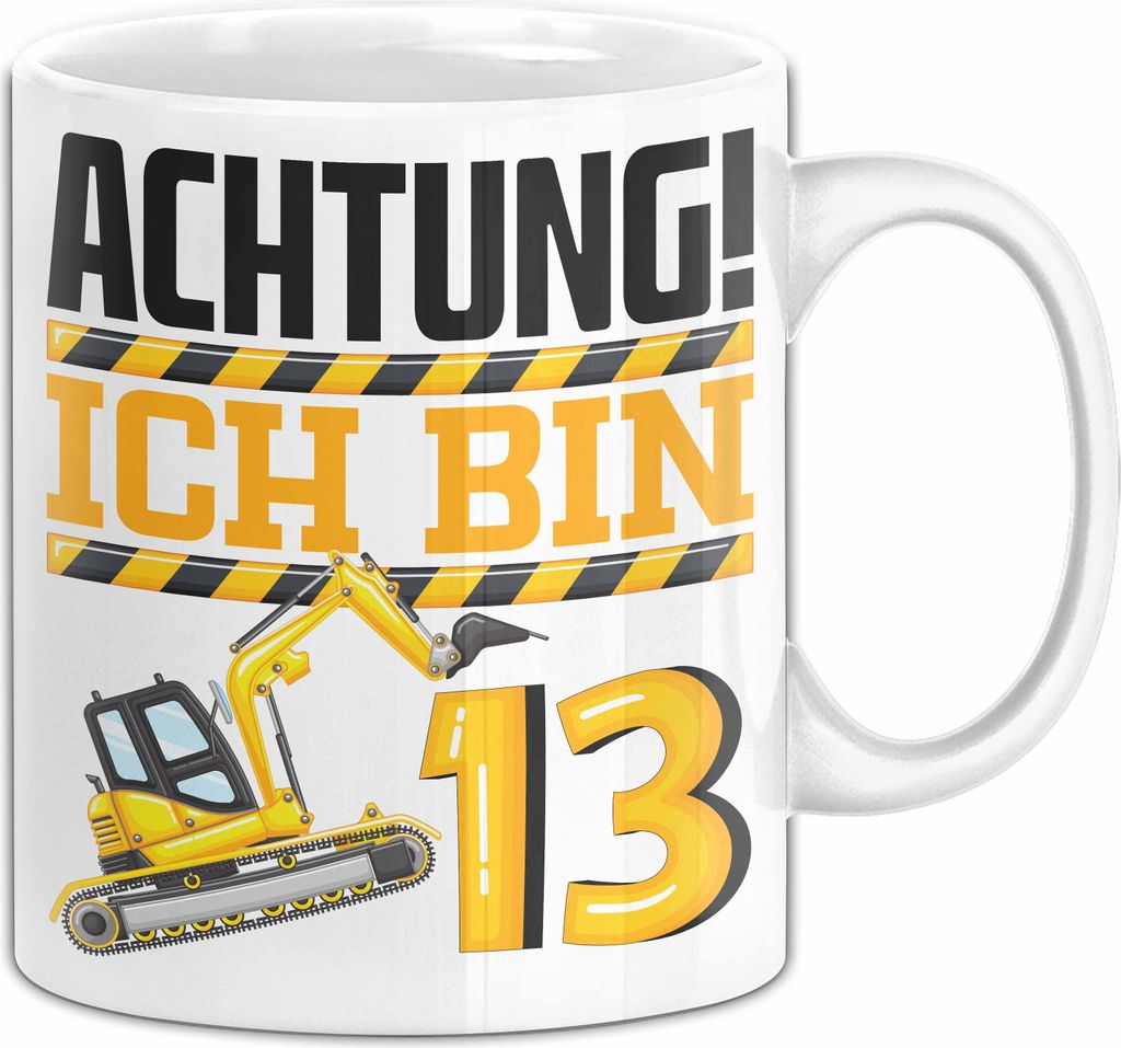 13. Geburtstag Geschenk Tasse Becher Jungs Baustelle Geburtstagsgeschenk Achtung Ich Bin 13 Teenager (Weiß)