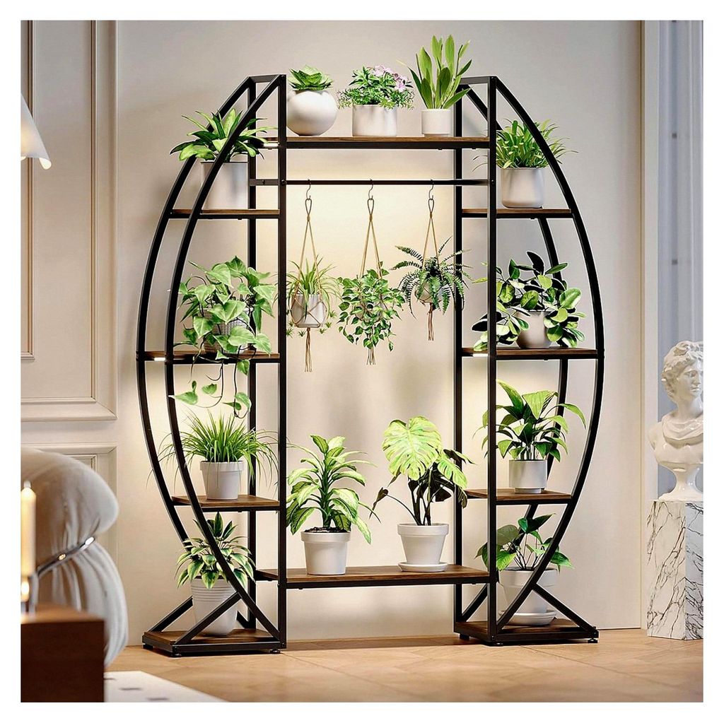 Pflanzenständer mit Wachstumslampe 160 cm aus Holz und Metall, 6 Ebenen Blumentreppe für Innen- und Außenbereich, Eckregal für Wohnzimmer, Balk...