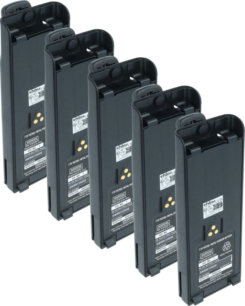 vhbw 5x Akku kompatibel mit Motorola MTS2013, PTX1200, MTZ2000, MTX9000, MTX8000 Funkgerät, Walkie Talkie (2500 mAh, 7,5 V, NiMH) + Gürtelclip
