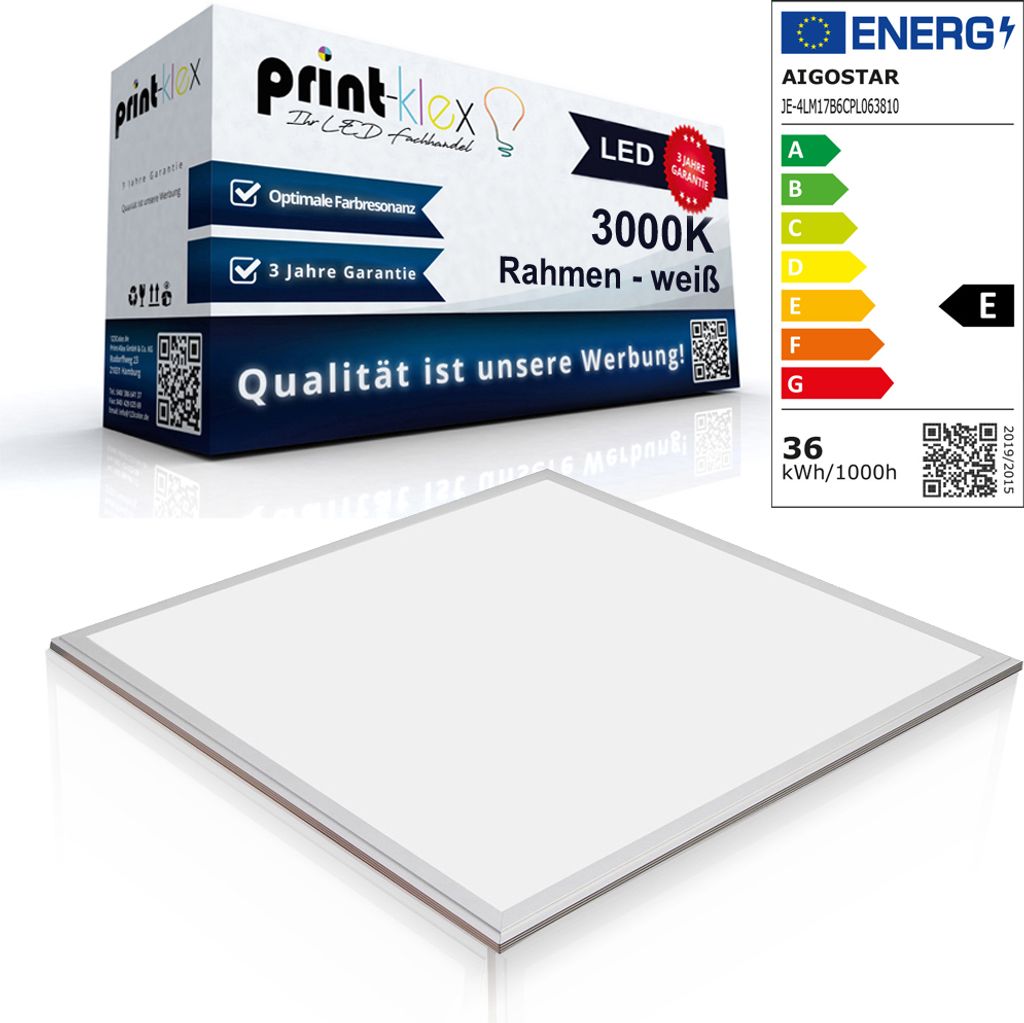 LED Panel Ultraslim 60x60cm Deckenleuchte Lampe Flächenleuchte 3000K-Warmweiß 36W 3600 LM Weißer Rahmen - Office Plus Serie