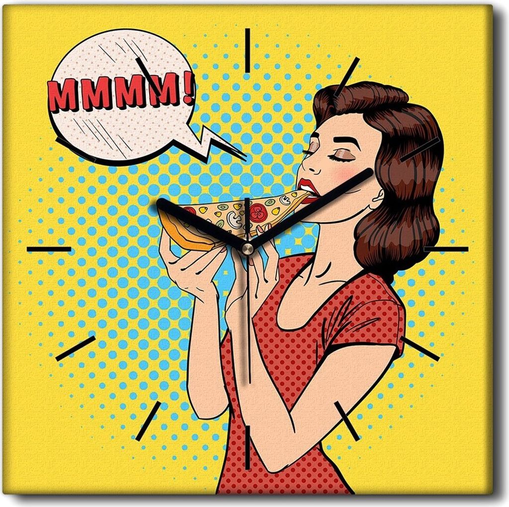 Coloray Uhr auf Leinwand 30x30 cm Wand Uhr Dekoration Wohnzimmer Segeltuch schwarze Hände -Frauen-Pizza-Essen.