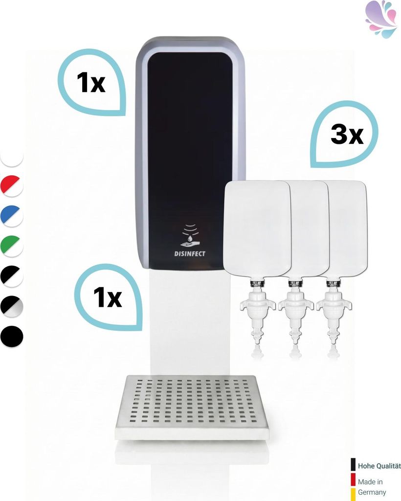 SET: Desinfektionsspender SENSOR Blanc Cosmos versch. Farben + Tischständer weiß +3x 1-Liter Hautdesinfektion : Farbe - Silber / Schwarz Farbe: S...