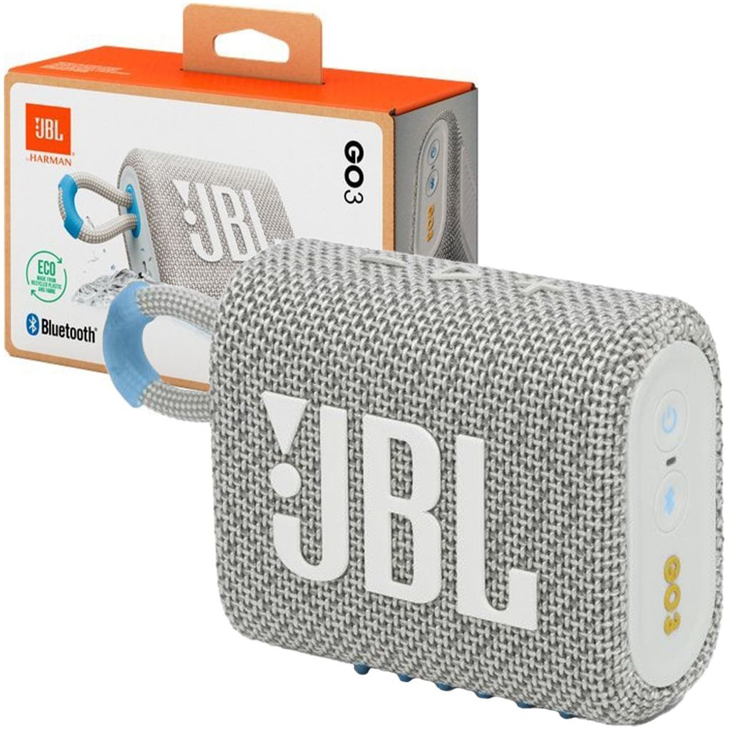 A JBL Go 3 Eco Bluetooth speaker and its packaging are displayed.