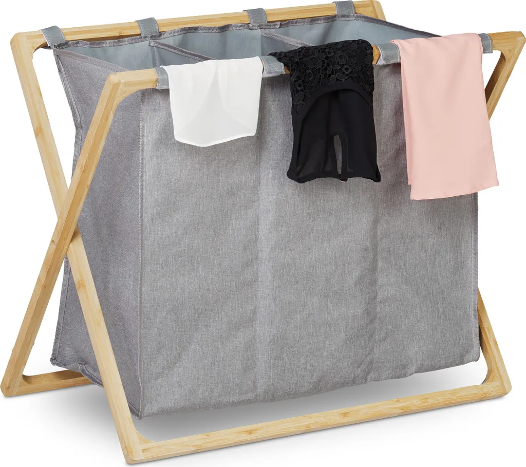 Trieur à Linge Triple Grande Capacité et Pliable en Tissu Gris Durable