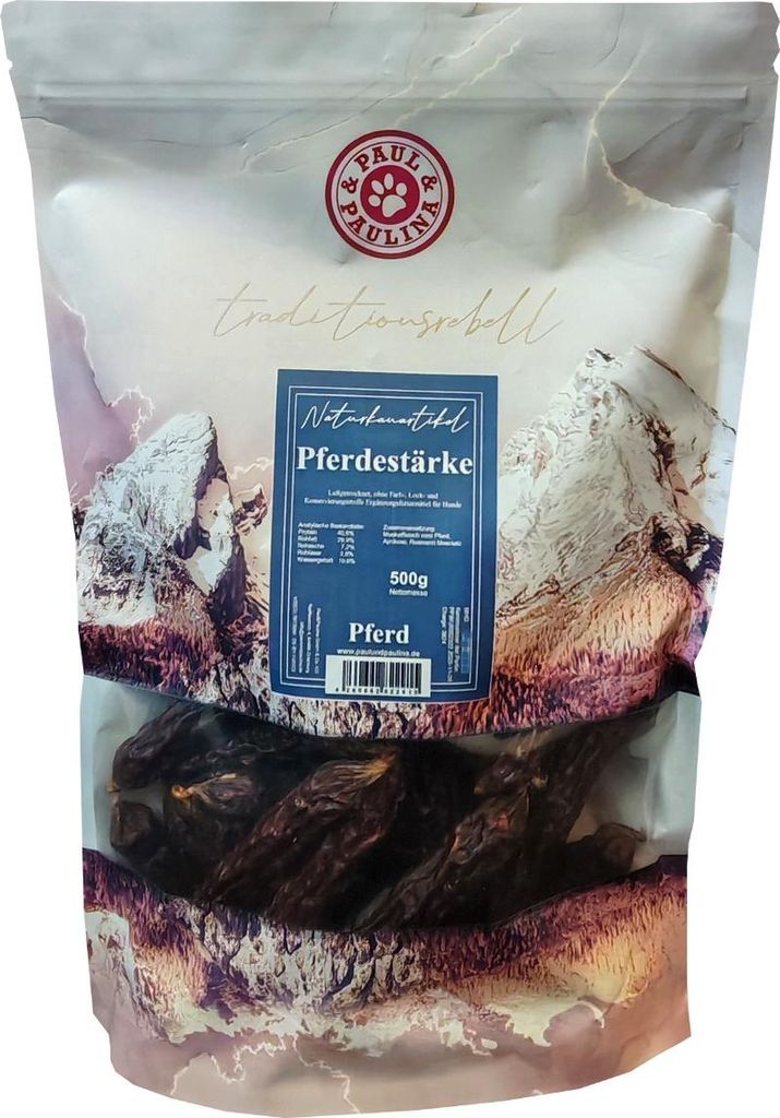 Paul & Paulina getrocknete Pferdewurst 500g "Pferdestärke" Muskelfleisch vom Pferd, Aprikose, Rosmarin für Hunde