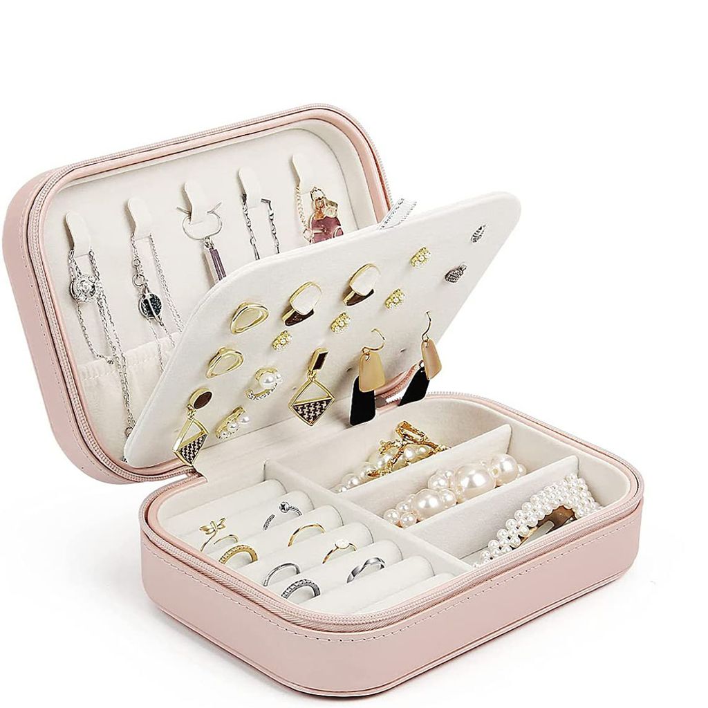 Reise-Schmuckschatulle für Damen und Mädchen, kleines Schmuckaufbewahrungsgerät, Ohrring-Halskettenarmband, doppellagige Schmuckschatulle aus Ku...