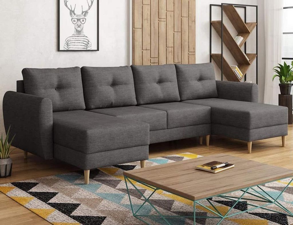 Easy4You Dunkelgrau Ecksofa Manstad in U-Form 305x95x145 cm mit Schlaffunktion und Bettzeugbehälter - Schlafsofa mit Bettkasten und Holzfüße - E...