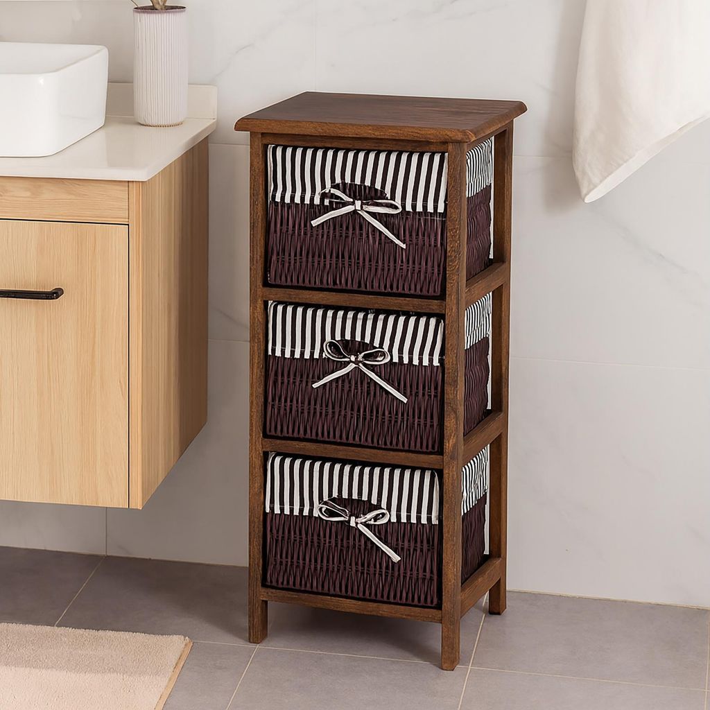 Praktisches Regal aus Paulowniaholz mit 3 Körben vielseitige Aufbewahrungslösung