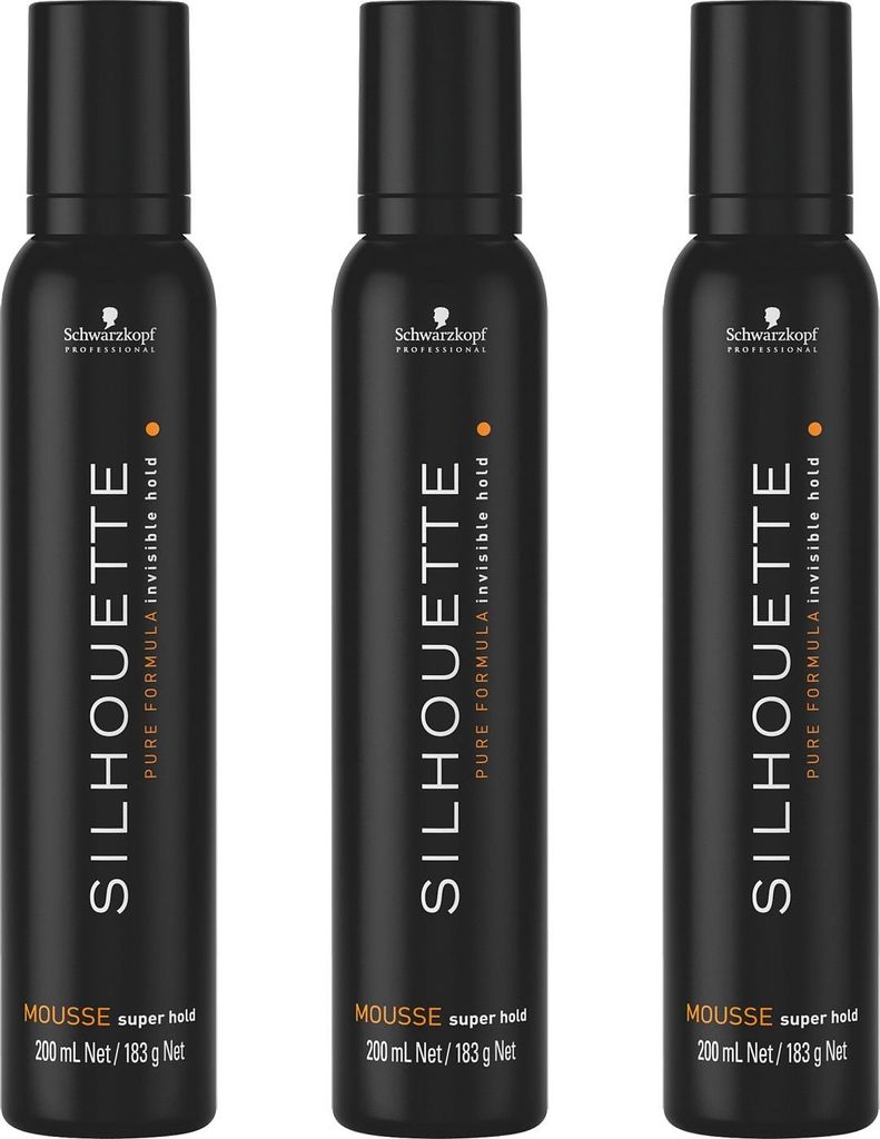 Three black cans of hair mousse arranged side-by-side against a white background.
