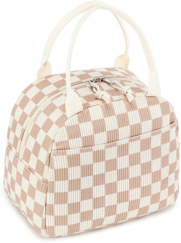 Isolierende Damen-Lunchbox, Reisetasche aus Corduroy, leckfreie Thermos, große Kapazität, braun, weiß, Gittermuster