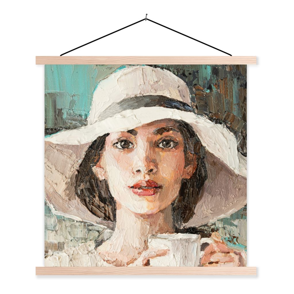 MuchoWow Textilposter Gemälde - Ölfarbe - Frau - Kaffee - Hut 120x120 cm mit holzfarbenen Rahmen - Textil-Poster