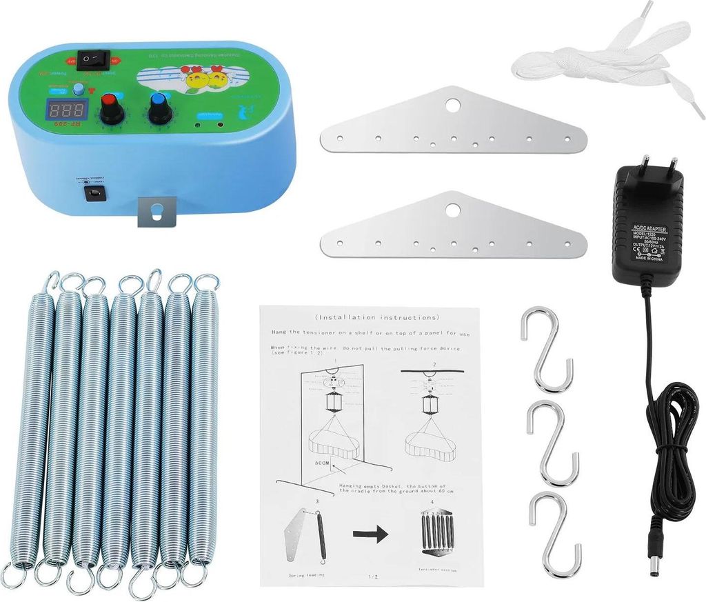 A collection of items for a baby swing motor and hammock system, including the motor unit, springs, metal brackets, S-hooks, a power adapter, and instructions.