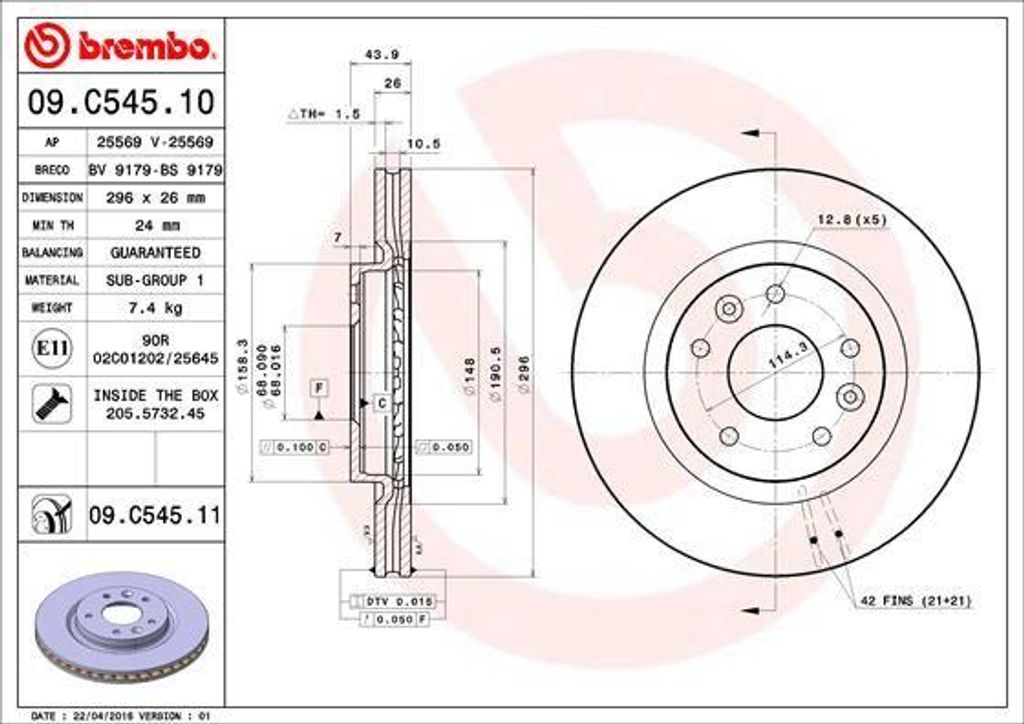 BREMBO 09.C545.11 Bremsscheibe OE 402064BA0A kompatibel mit Kadjar, X-Trail, Qashqai, Leaf